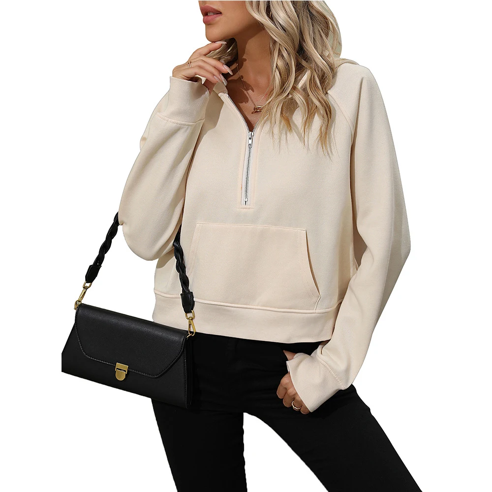 Damen-Sweatshirt mit halbem Reißverschluss und Kapuze, Fleece, kurz, schick — foto 2