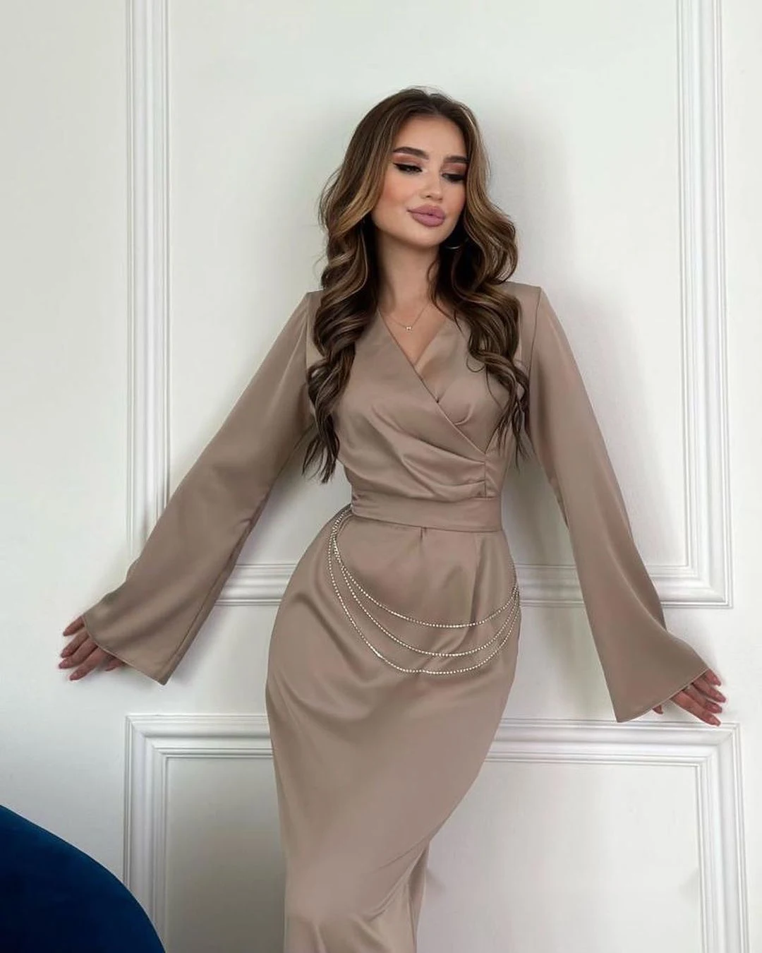Title 17, Vestido Longo Feminino Cor Sólida Decote em V M...