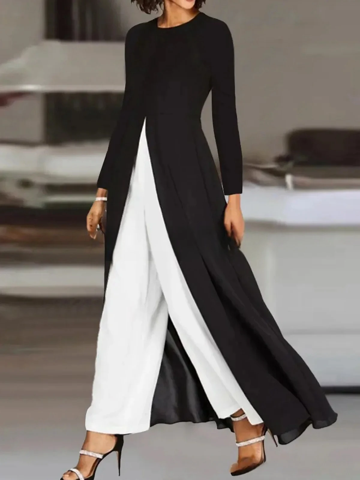 Title 4, High Open Round-neck Long-sleeved Dress Solid C...