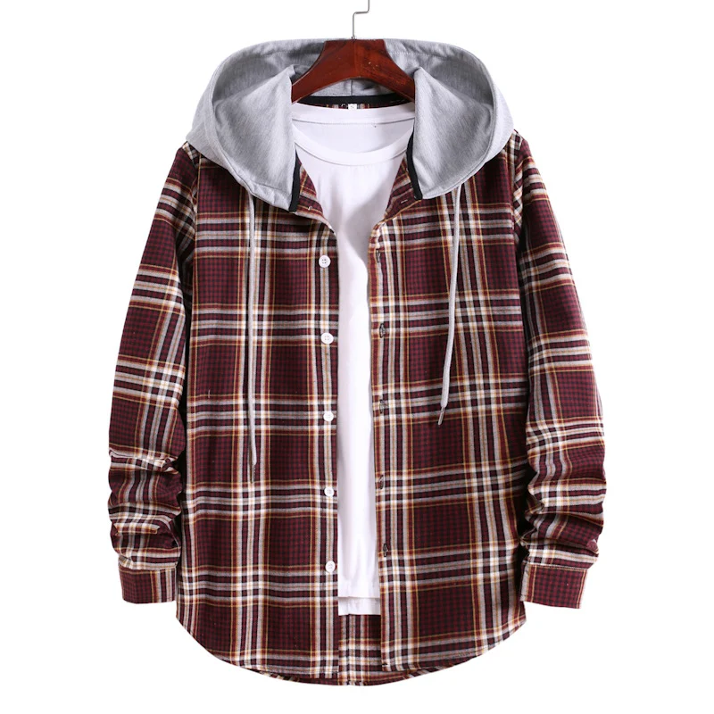 Title 4, Camisa xadrez masculina jaqueta com capuz outon...