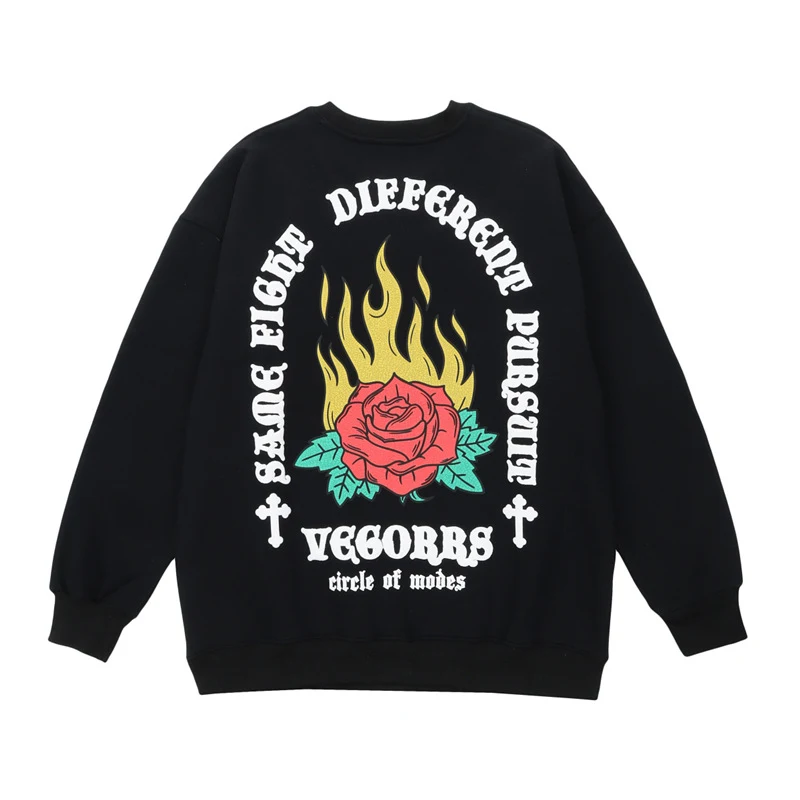 Title 7, Loose Round Neck Flame Rose Print Plus Fleece T...