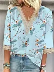 T-shirt da donna con scollo a V a manica media e nuova stampa floreale multicolore allentata — foto 13
