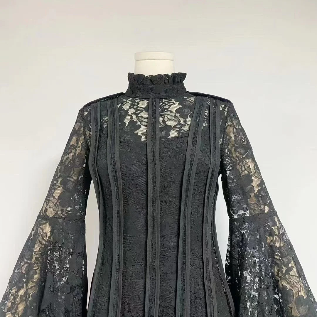 Title 8, Womens Stand Up Collar Flared Sleeve Lace Patc...