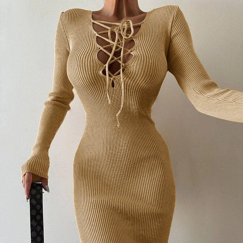 Title 5, Elegant Wool Reverse Hollow Thin Belt Slim Dress