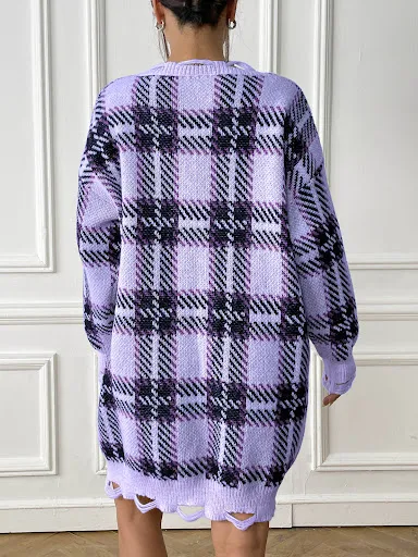 Title 3, Fashion V-neck Plaid Dress Casual Loose Long-sl...