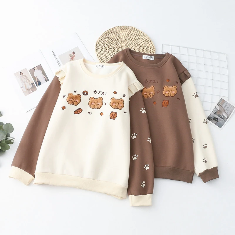 Dames Cartoon Beren Geborduurde Fleece gevoerde Dikke Trui Crew Neck Top, warm en comfortabel voor de winter, perfect voor dagelijks gebruik. — foto 13