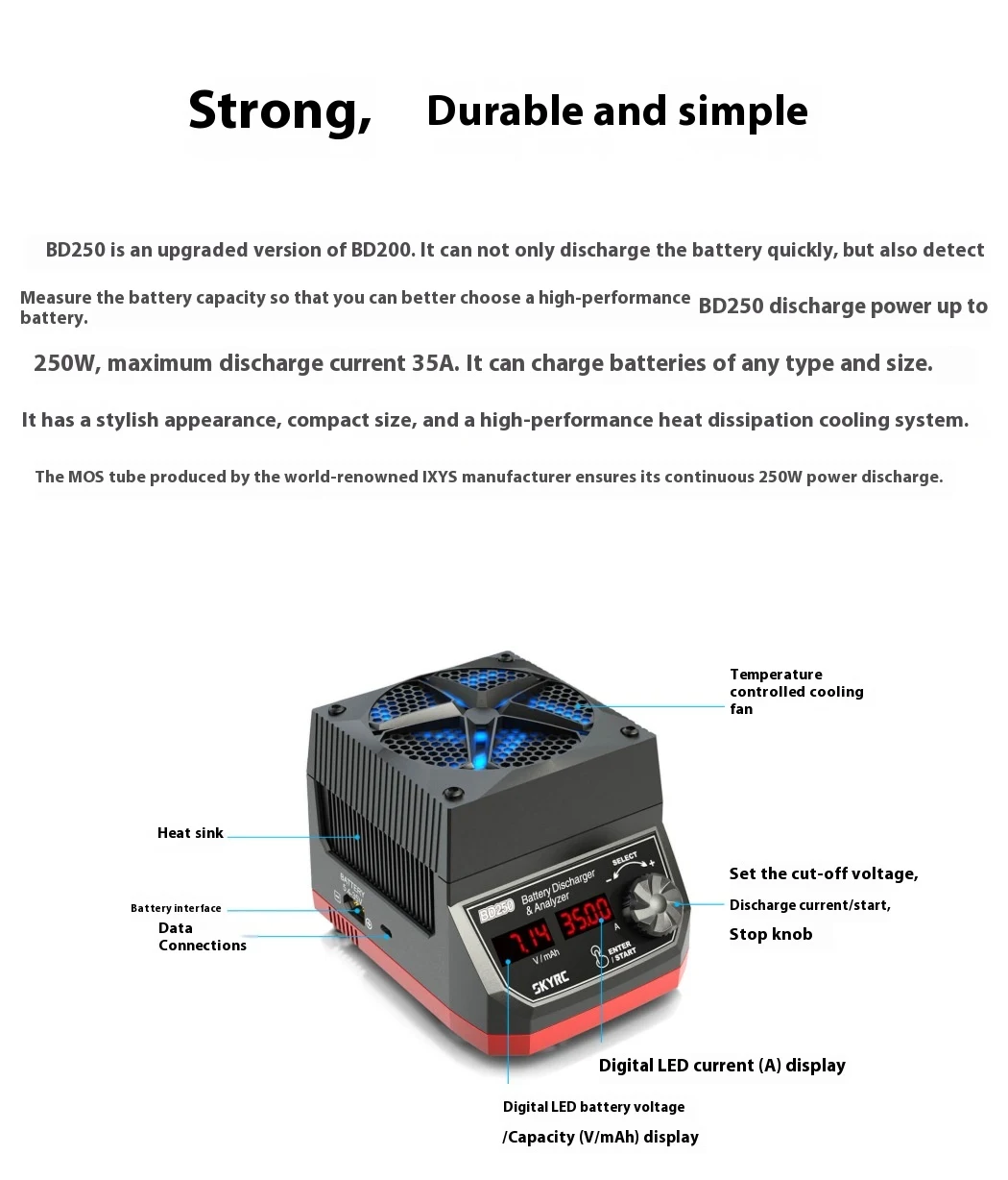 SKYRC BD250 Yüksek Güçlü Deşarj Cihazı 250W — Pillerinizi hızlı ve güvenli bir şekilde deşarj eder. RC pillerinizin ömrünü ve performansını artırır. — Fotoğraf 2