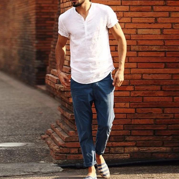 Heren korte mouwen shirt van katoen en linnen, ademend en lichtgewicht, ideaal voor de zomer. Geniet van comfort en stijl op warme dagen. — foto 2