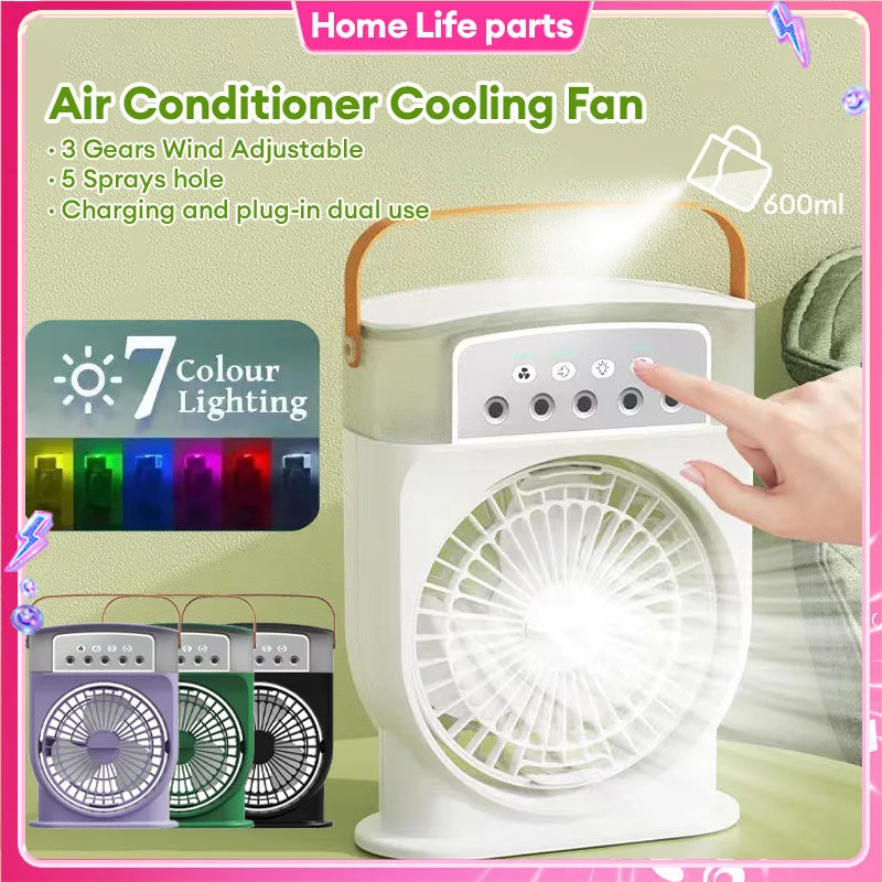 Draagbare USB-airconditioner met 5 sprays, 600ML tank, 7 kleuren licht en luchtbevochtiger. Vernevelende luchtkoeler. — foto 4