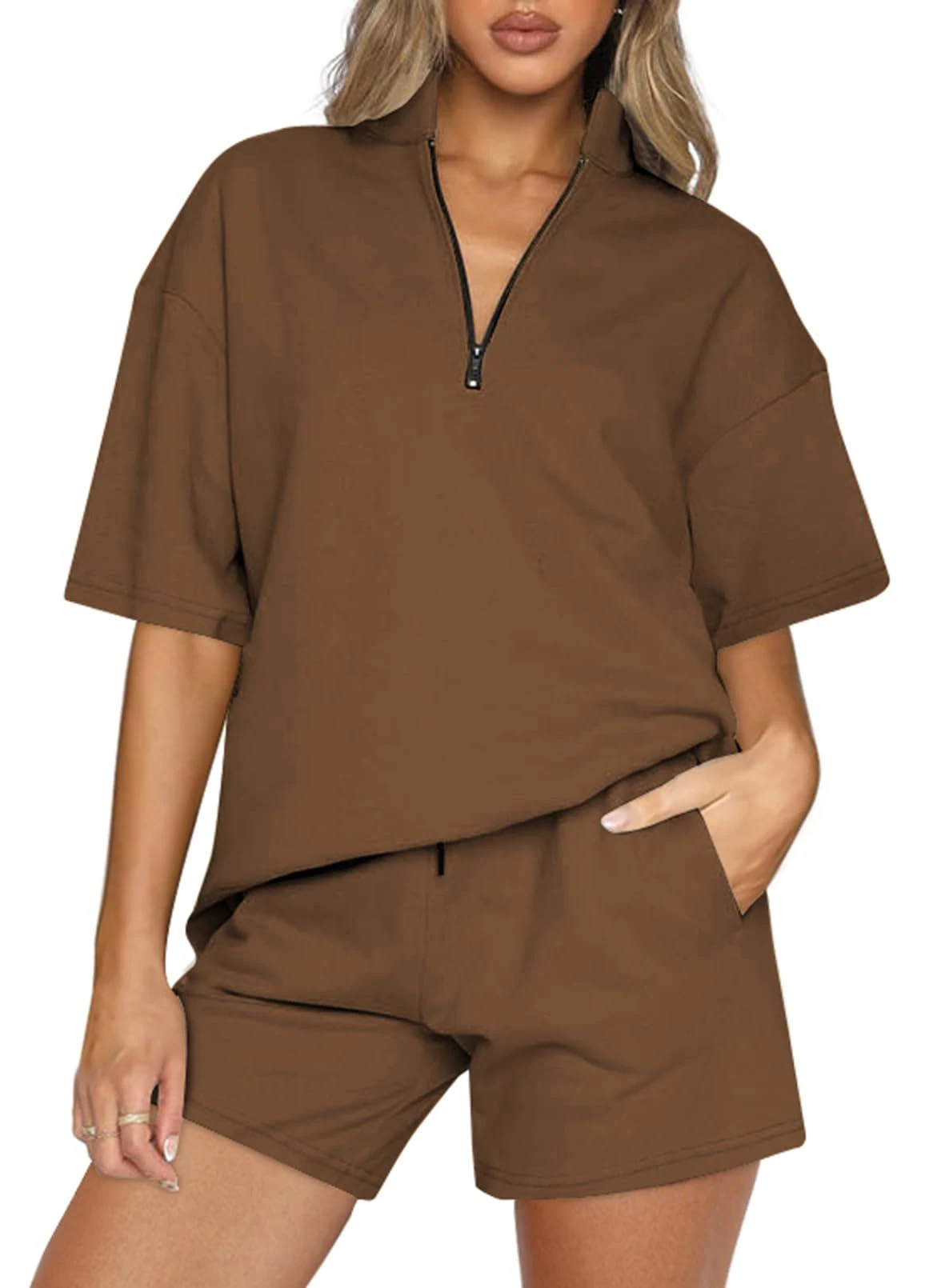 Title 5, Ladies Two-piece Set Oversized Half Zipper Pull...
