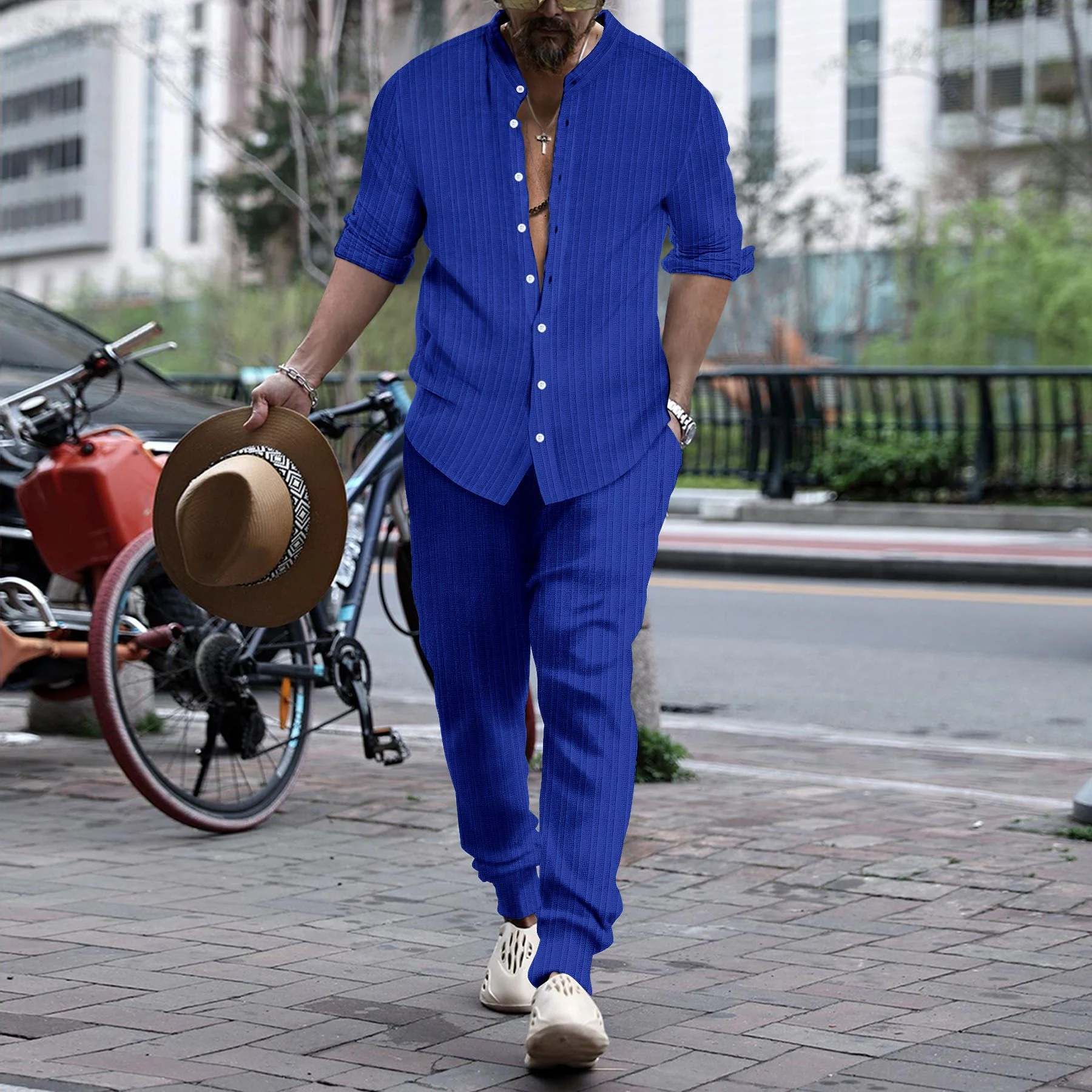 Men's Striped Hengli Collar Shirt and Trousers. Stylish Ensemble for Men. Offers Comfort and a Modern Look. Perfect for — photo 9