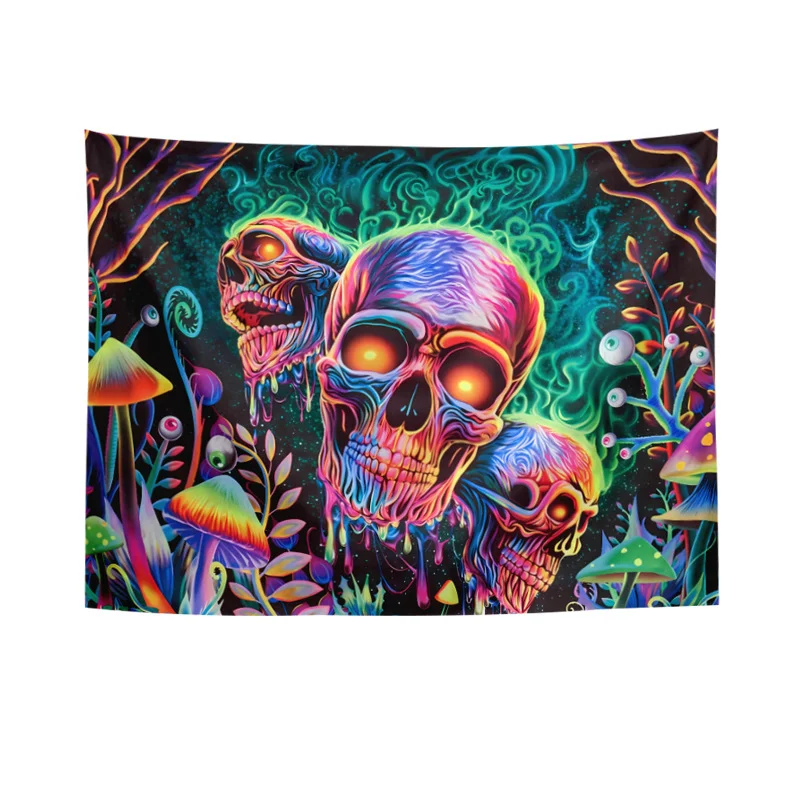Tapeçaria de caveira fluorescente com luz negra UV, tecido de fundo vibrante para decoração psicodélica e ambientes únicos. — foto 8