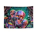 Tapeçaria de caveira fluorescente com luz negra UV, tecido de fundo vibrante para decoração psicodélica e ambientes únicos. — foto 8