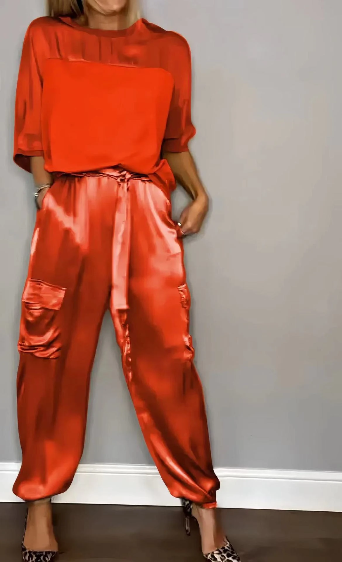 Title 7, Moda feminina lisa cetim meia manga top blusa e...