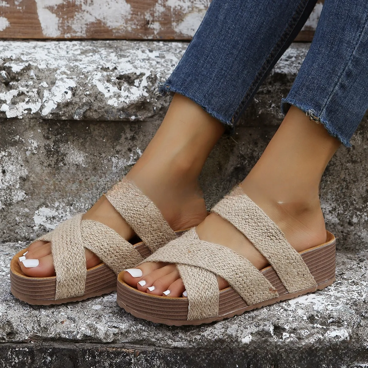 Sandali Donna Flat Platform Incrociati in Corda di Canapa Intrecciata, Tinta Unita, Perfetti per l'Estate. — foto 10
