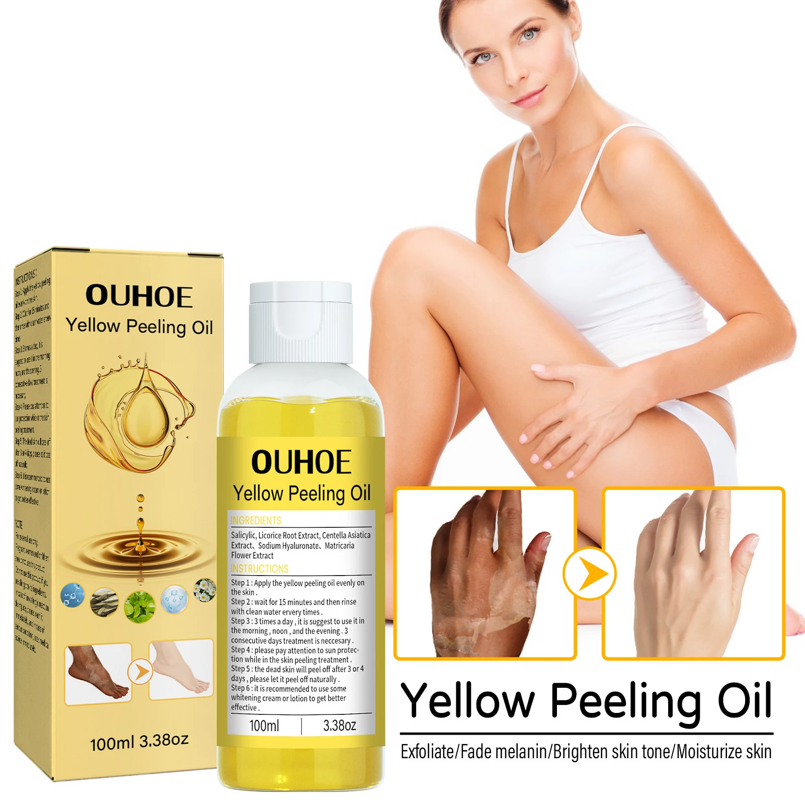 Óleo Esfoliante Amarelo Clareador de Tom de Pele Hidratante. Obtenha uma pele radiante e hidratada com este óleo que uniformiza o tom. — foto 5