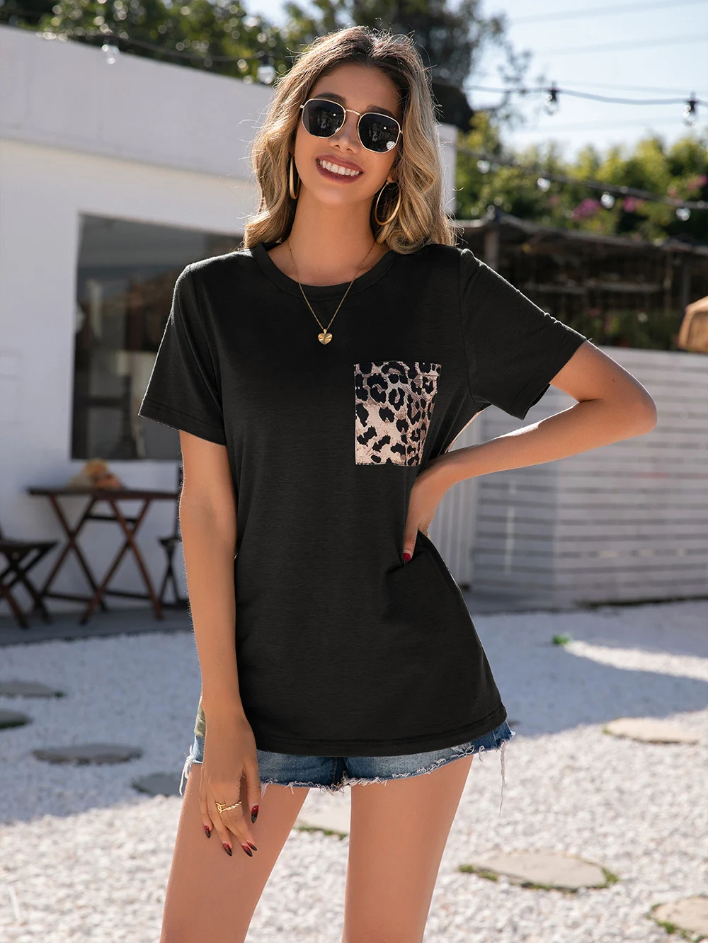 Title 5, Leopard Painted Crewneck Pocket Short Sleeve Pu...
