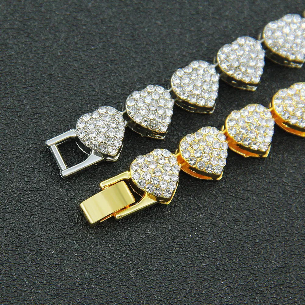 Pulseira cubana com corrente de diamantes completa de hip hop europeu e americano, costura de coração, para um visual estiloso e chamativo. — foto 3