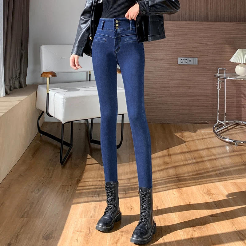 Women's Three-button Plus Velvet High-waisted Abdomen Jeans, perfect for a flattering fit and all-day comfort, stylish a — photo 2