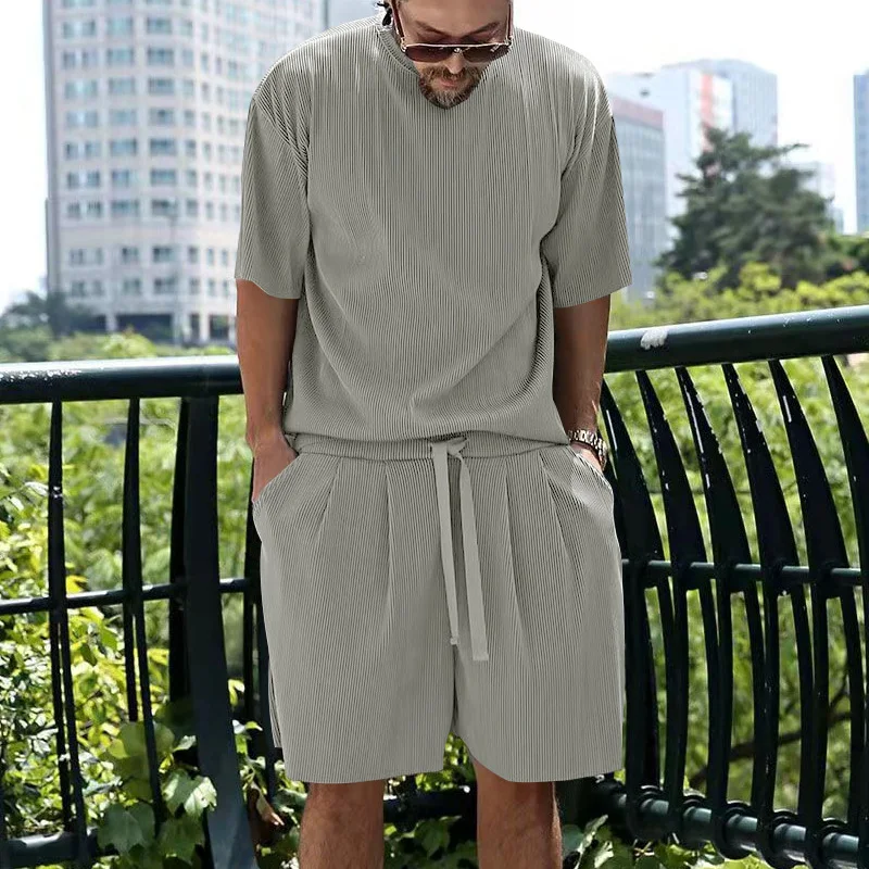 Ice Silk Men's Casual Suit with Sunken Stripe Short Sleeve and Shorts — photo 44