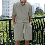 Ice Silk Men's Casual Suit with Sunken Stripe Short Sleeve and Shorts — photo 44