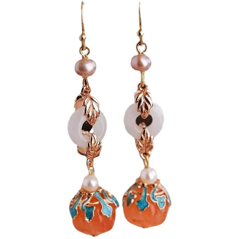 Brincos elegantes de abóbora laranja estilo étnico chinês com pérolas, perfeitos para adicionar um toque sofisticado e único ao seu visual. — foto 5