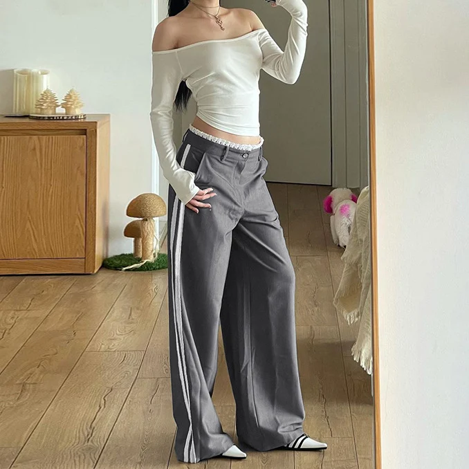 Women's Vertical Stripe Ribbon Loose Straight Pants Trousers, Casual Leisure Style, Comfortable Fit, Perfect for Everyda — photo 6