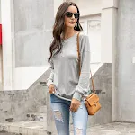 Suéter pulôver casual de manga comprida com decote redondo e botão solto top feminino — foto 2