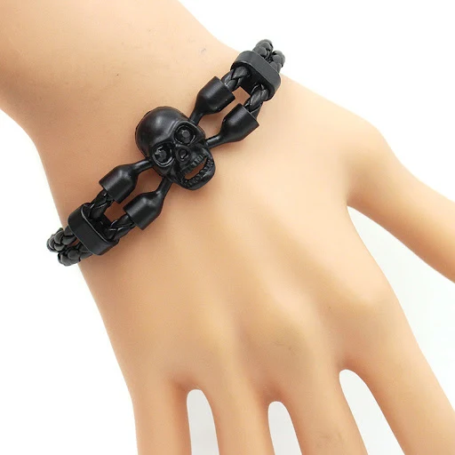 Title 1, Pulseira de couro preta masculina com caveira, ...