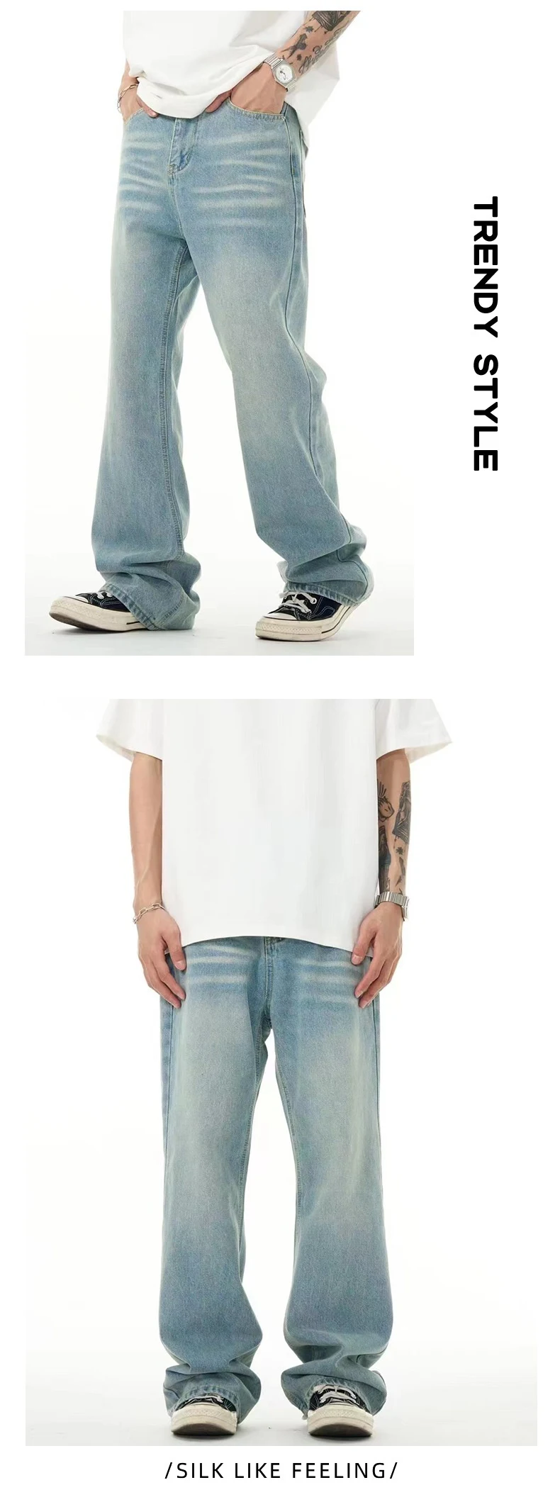 Title 7, Light blue washed worn jeans with loose straigh...