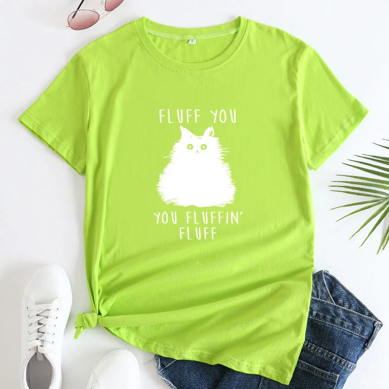 Groot formaat kattenletter bedrukt katoenen T-shirt met ronde hals en korte mouwen voor dames — foto 8