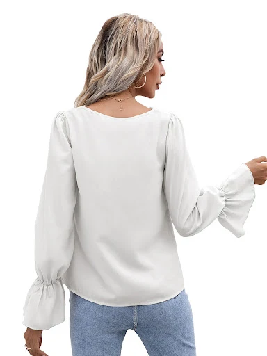 Title 18, Temperament V-neck Hollow Lace Long-sleeved Shi...