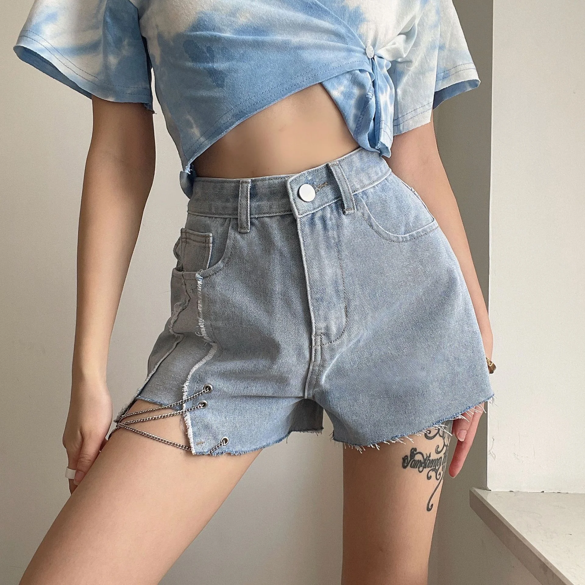 Title 6, Dames denim shorts met rauwe rand, hoge taille ...
