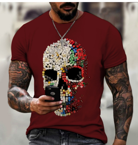 Camiseta Masculina Estampa 3D de Caveira Manga Curta Casual Elegante, Design Moderno para Homens que Buscam Conforto e Estilo — foto 9