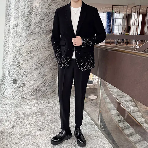 Title 2, Mens Printed Ink Dot Casual Suit Loose Fit Com...