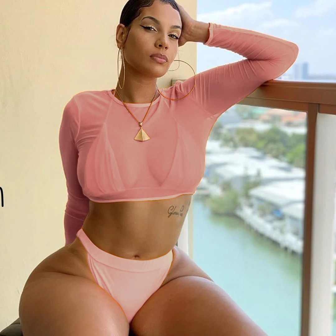 Bikini de 3 piezas verde neón para mujer Conjunto de traje de baño sexy Manga larga Cintura alta Corte alto Perfecto para la playa y piscina — foto 4