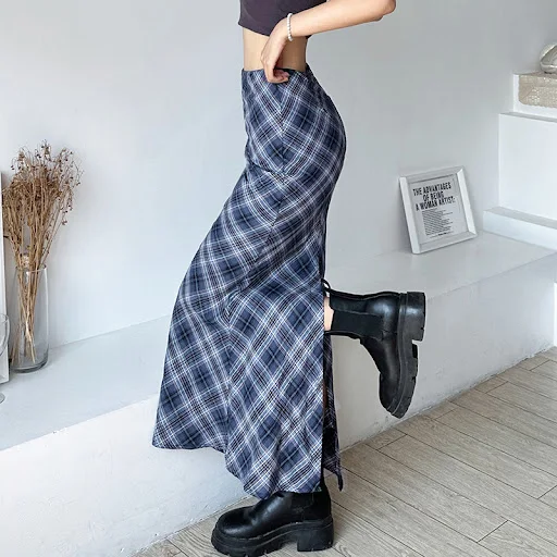 Title 4, Blue Plaid Skirt Temperament Slim-fit Tall-looking