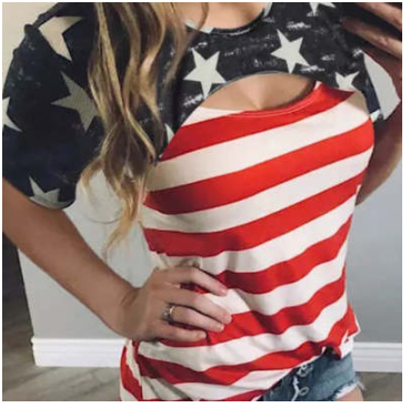 T-shirt stampata a righe vuote T-shirt semplice da donna con scollo rotondo e colori a contrasto — foto 8