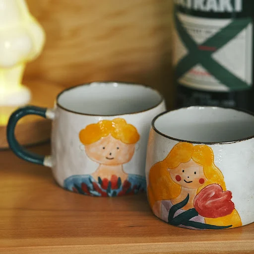 Title 3, Hand-painted illustration ceramic couple drinki...