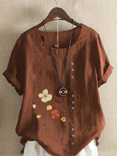 Title 4, Cotton And Linen Printed Elegant Short Sleeve T...