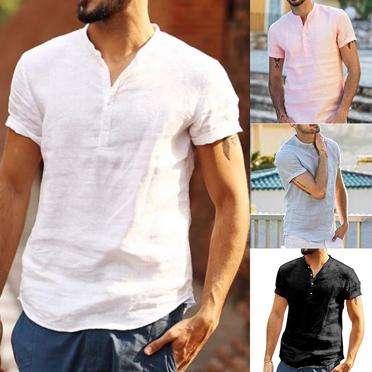 Title 12, Mens stand collar cotton linen short sleeve sh...