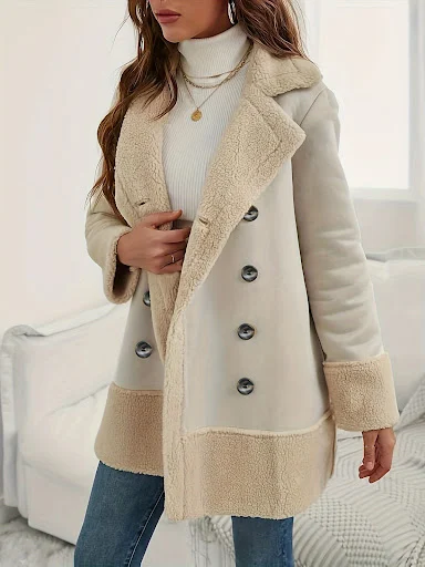Title 3, Apricot Lapel Lamb Wool Contrast Color Long Coa...