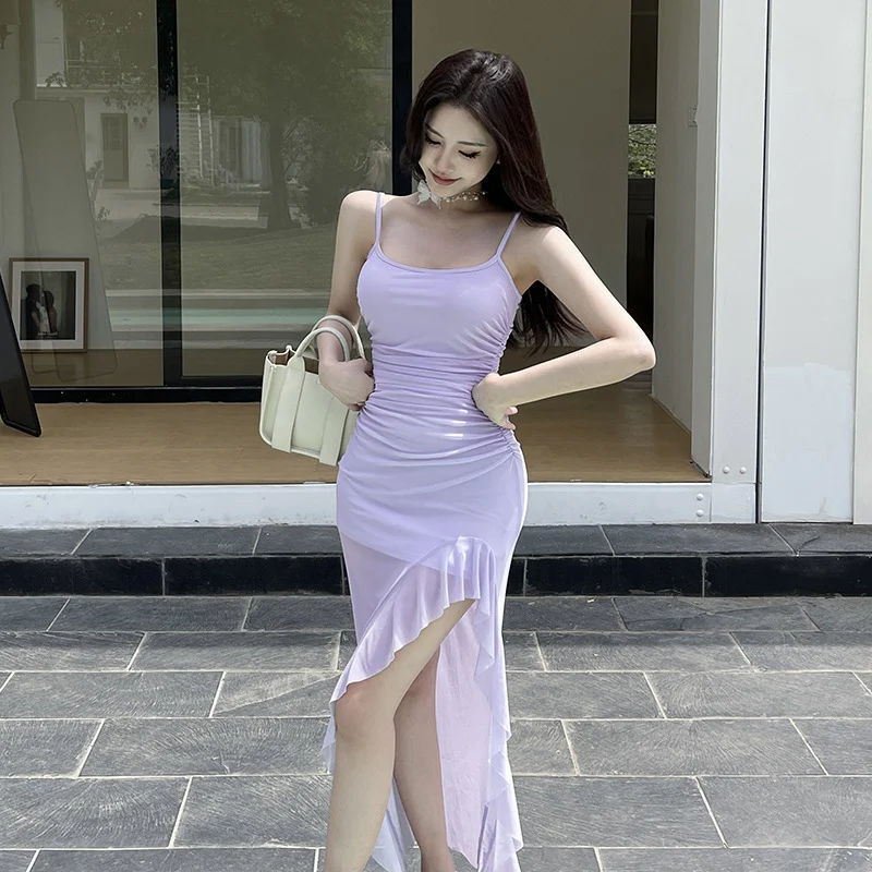 Title 2, Womens Mesh Backless Ruffles Split Sling Dress...