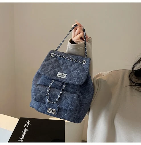 Title 13, Denim Rhombus Small Chain Backpack, Large Capac...