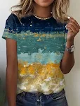 Nova camiseta feminina europeia e americana com estampa retrô abstrata, manga curta. Design moderno e elegante, ideal para diversas ocasiões. — foto 2
