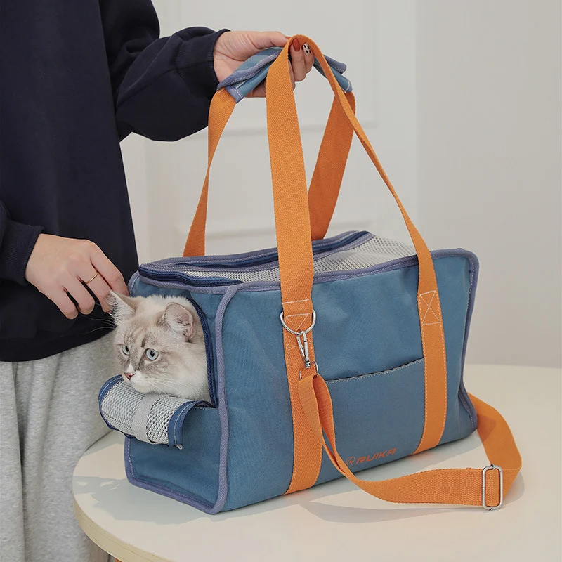Bolsa portátil para cães, rede respirável, dobrável, leve, lona, cor contrastante, alça única, perfeita para passeios e viagens. — foto 4