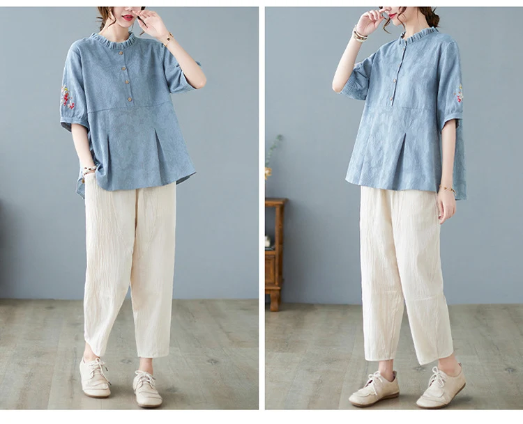 Completo di pantaloni Harem larghi ricamati in jacquard di cotone e lino taglie forti — foto 12
