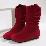 Botas planas femininas de cano médio com bico redondo, camurça de cor sólida. Botas quentes de inverno para moda e conforto. — foto 4
