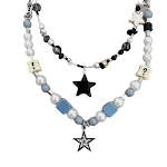 Colar de caveira com pentagrama em preto e branco com contas e costuras, um acessório gótico marcante para expressar sua individualidade. — foto 7