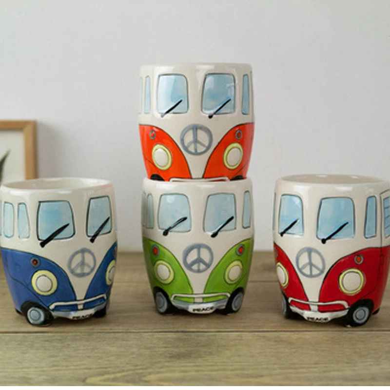 Hand Painted Ceramic Mug featuring a Cartoon Bus and Retro Car. Enjoy your coffee or tea in style with this charming, un — photo 4